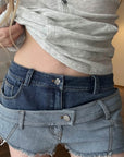 RASE LE SOL Layered Two-Tone Asymmetric Low-Rise Denim Shorts