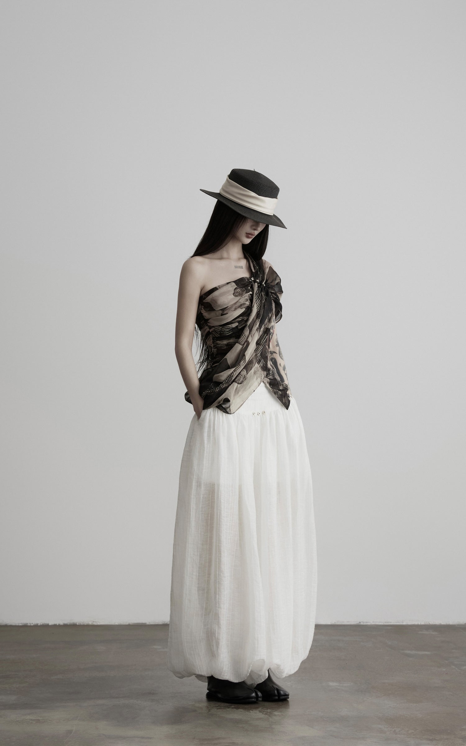 DOINDULGE Low-Rise Sheer Gathered Wide-Leg Pants
