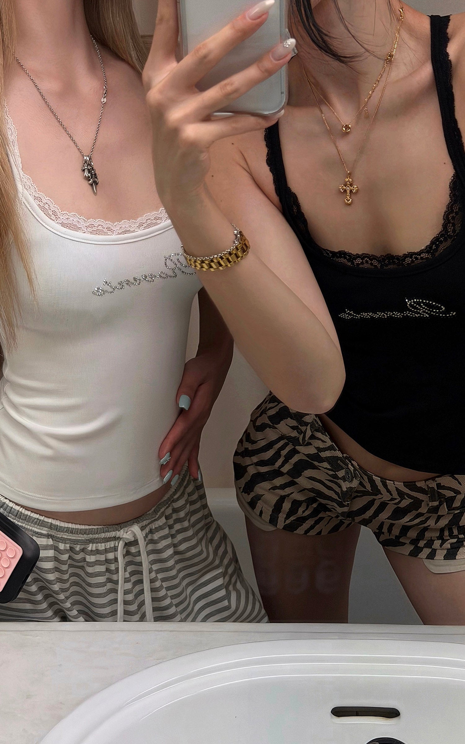 ROVENTE Rhinestone Logo Lace Trim Tank Top