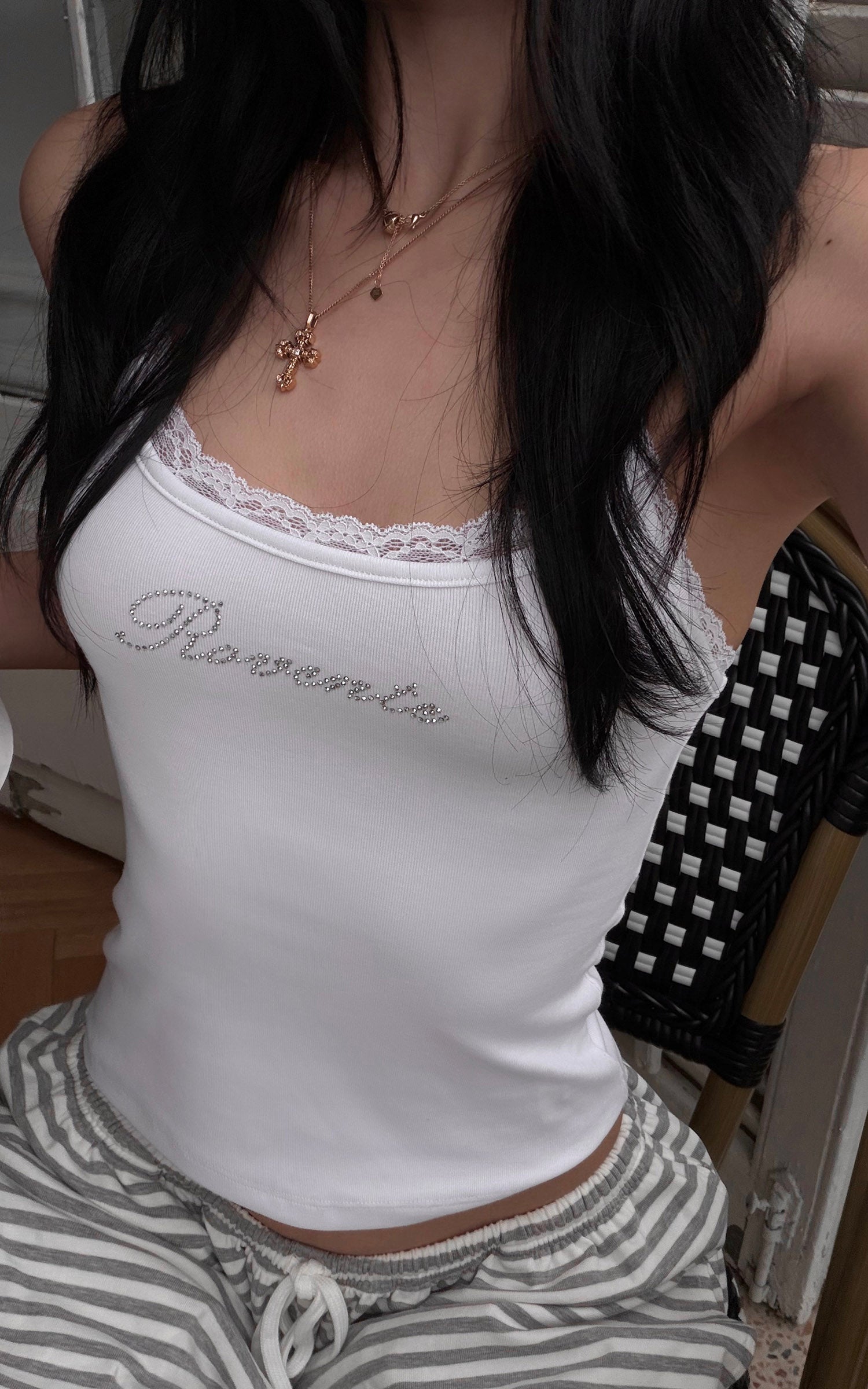 ROVENTE Rhinestone Logo Lace Trim Tank Top