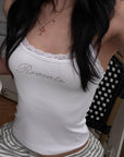 ROVENTE Rhinestone Logo Lace Trim Tank Top