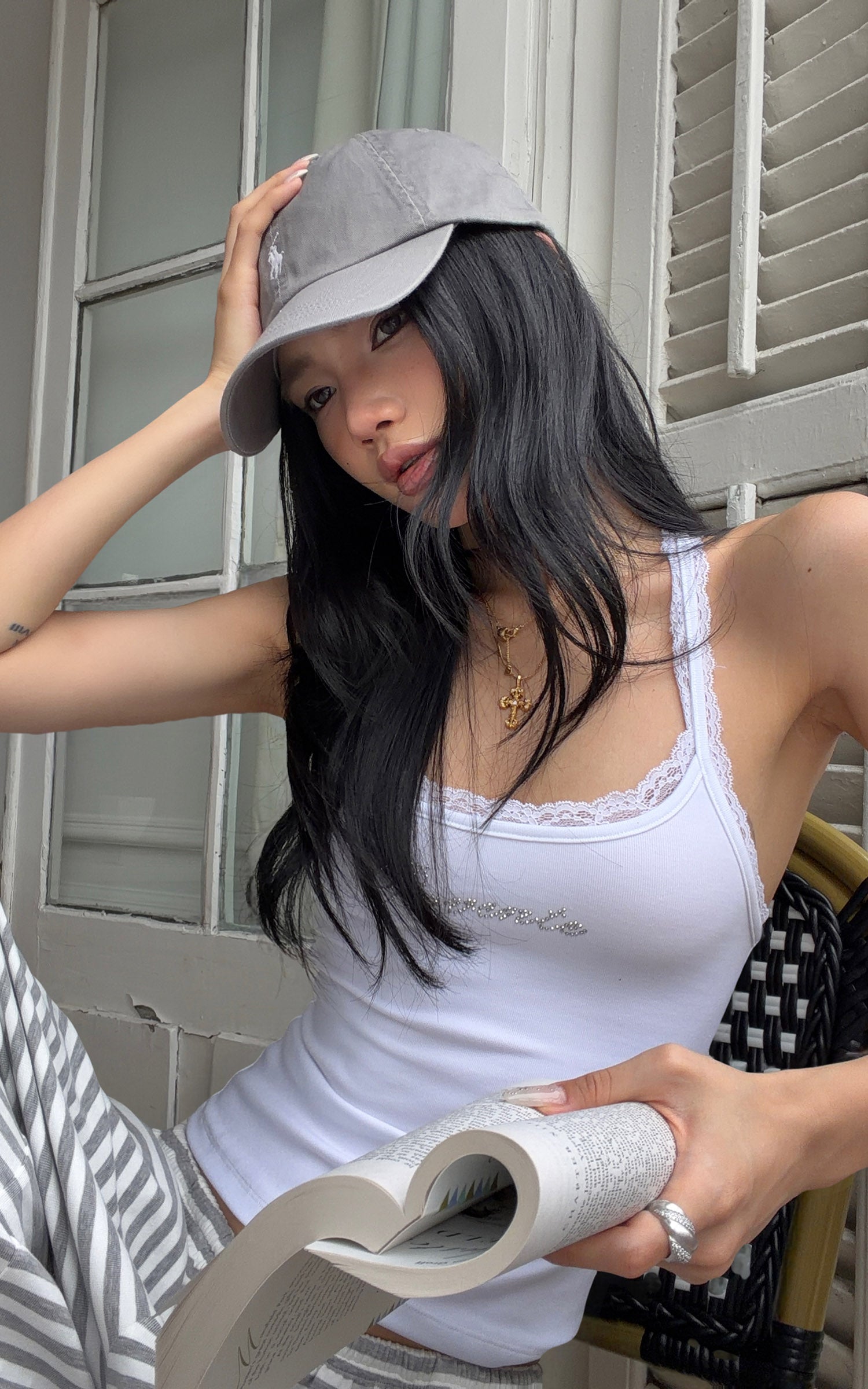 ROVENTE Rhinestone Logo Lace Trim Tank Top