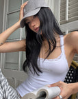 ROVENTE Rhinestone Logo Lace Trim Tank Top
