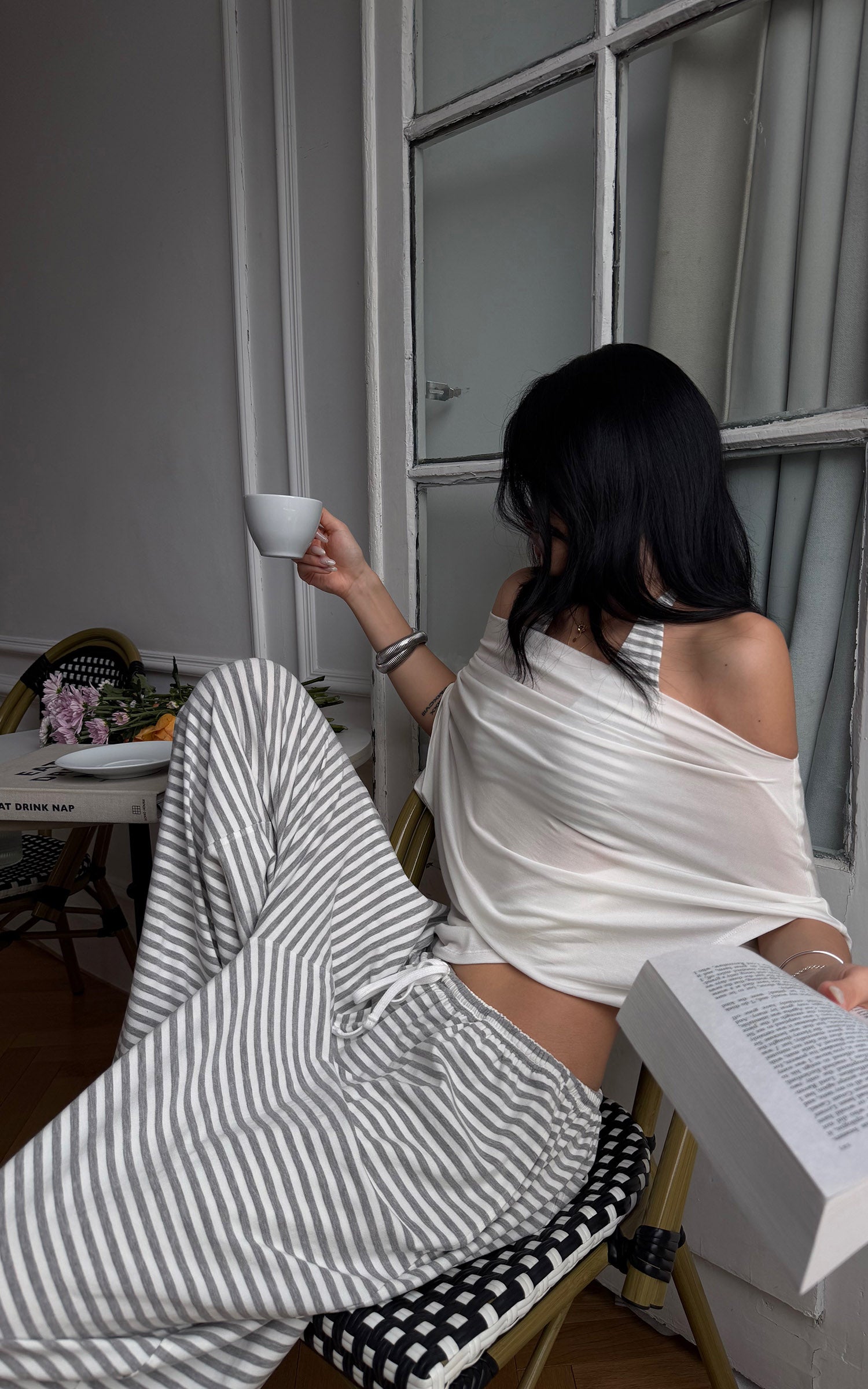 ROVENTE Sheer Drape Off-Shoulder Top &amp; Striped Halter Bra Set