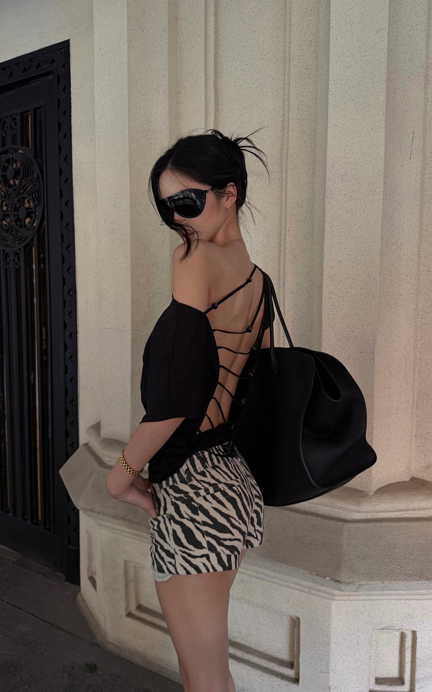 ROVENTE Beaded Open Back Draped Top