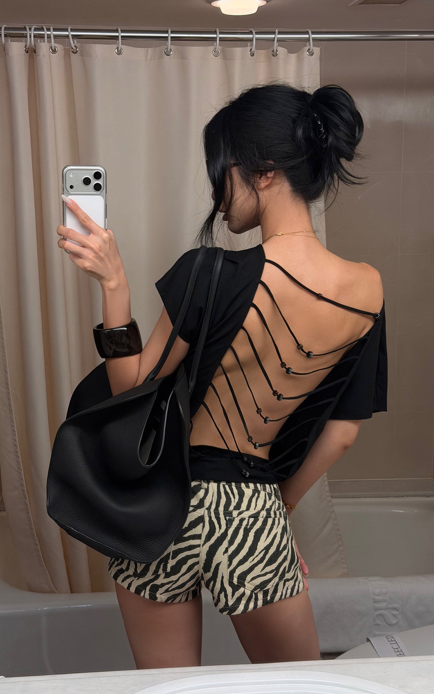 ROVENTE Beaded Open Back Draped Top