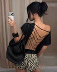 ROVENTE Beaded Open Back Draped Top