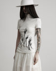DOINDULGE Half Mock Neck Embroidered Ribbed Knit Top