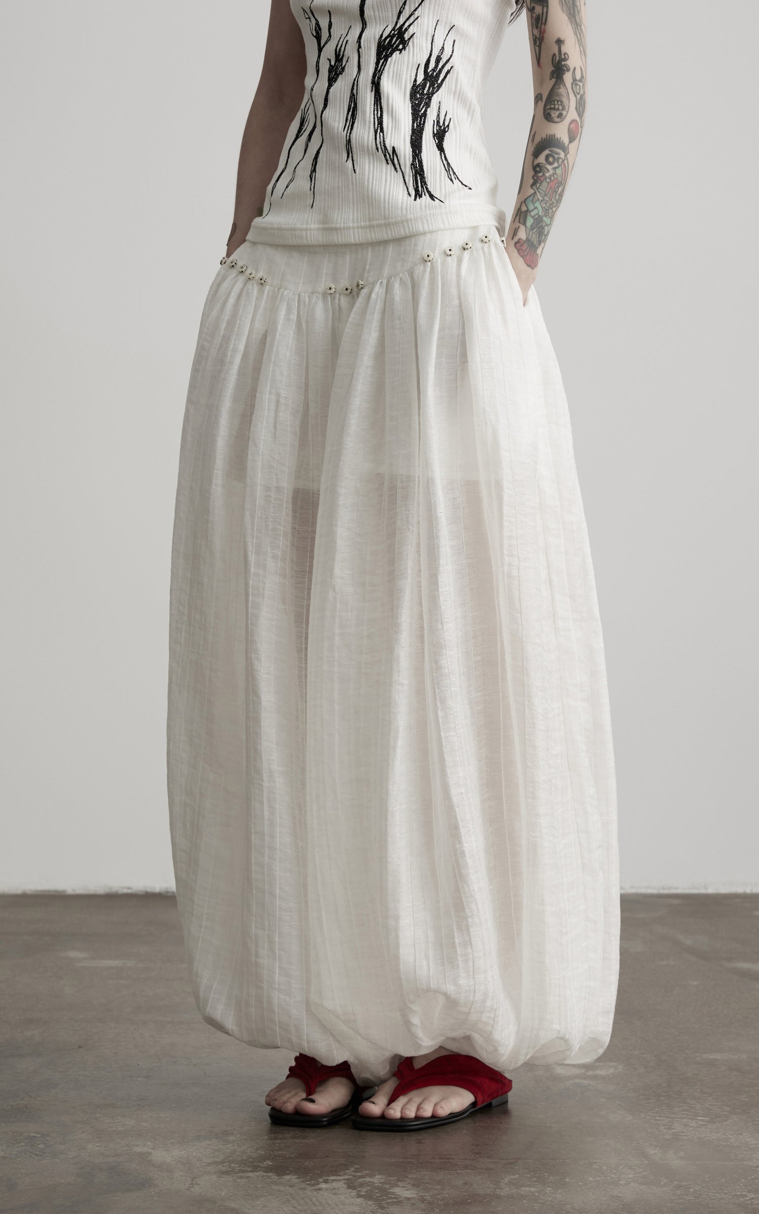 DOINDULGE Low-Rise Sheer Gathered Wide-Leg Pants