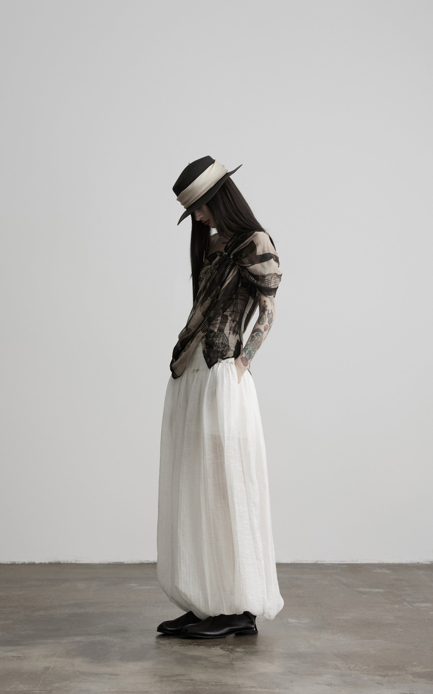 DOINDULGE Low-Rise Sheer Gathered Wide-Leg Pants