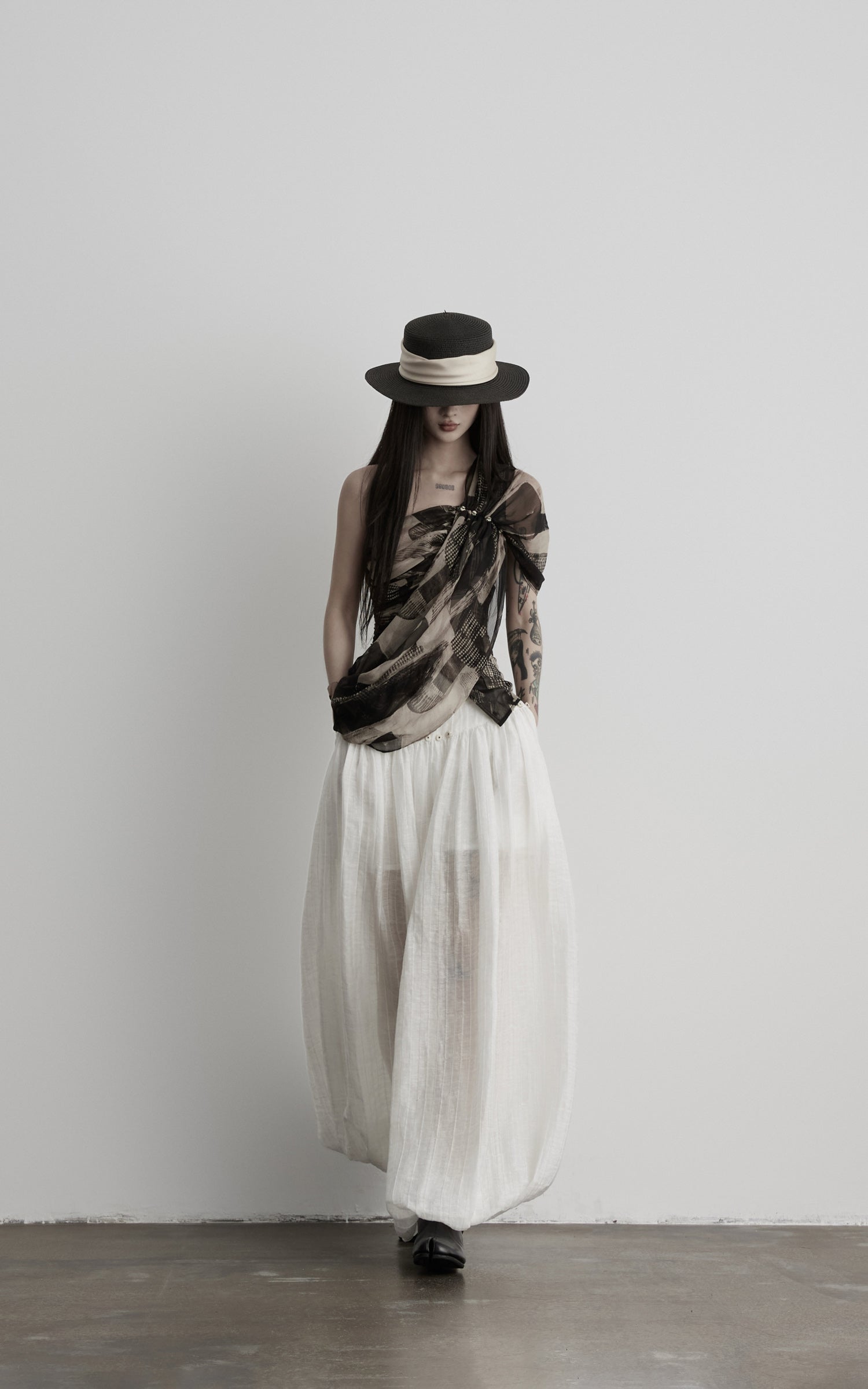 DOINDULGE Low-Rise Sheer Gathered Wide-Leg Pants