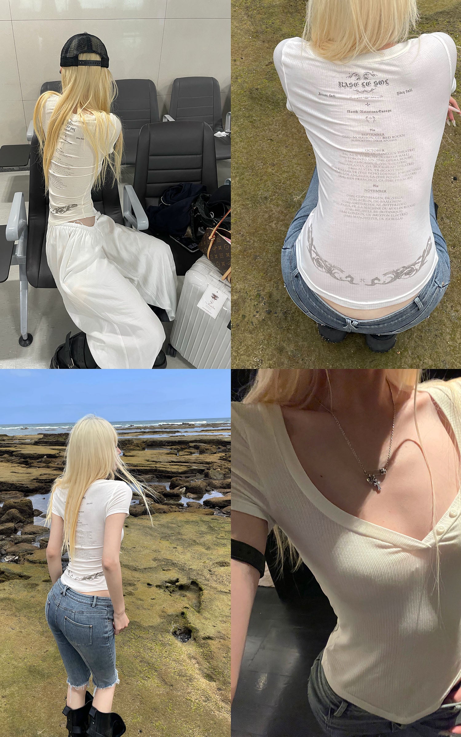 Rase le sol 투어 프린트 비대칭 브이넥 슬림 티셔츠