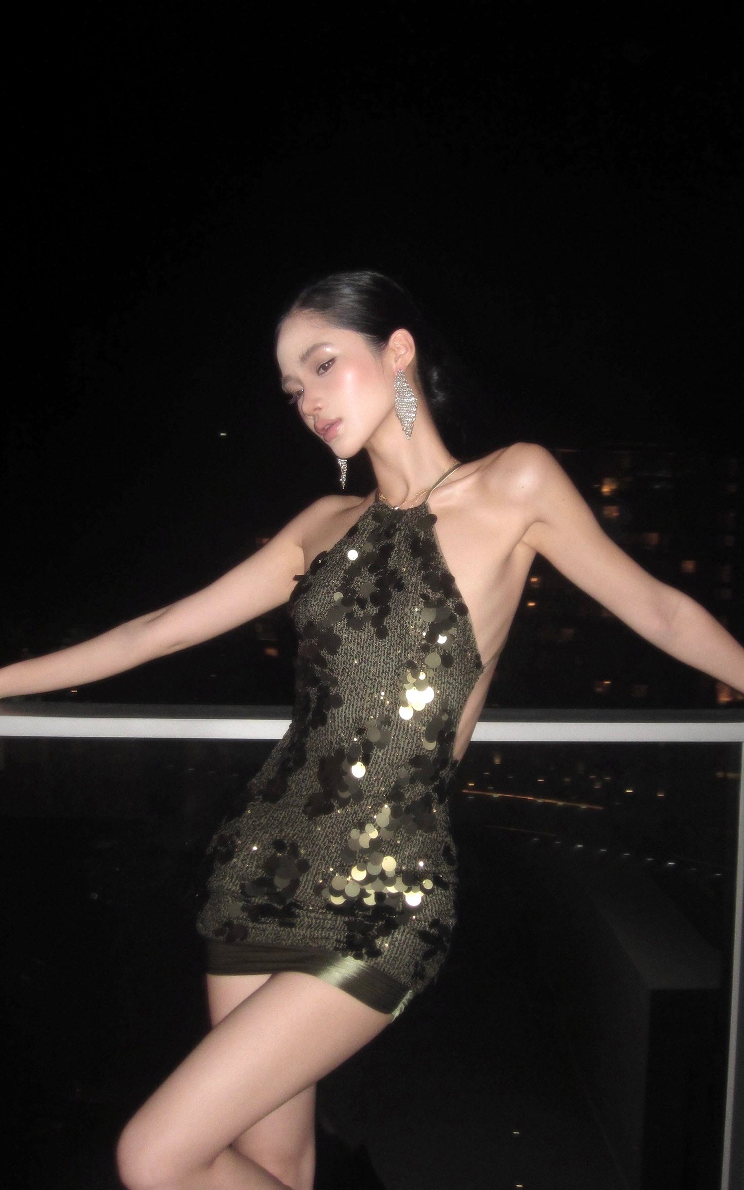 ROVENTE Open-Back Sequin Halter Mini Dress