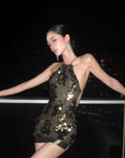 ROVENTE Open-Back Sequin Halter Mini Dress