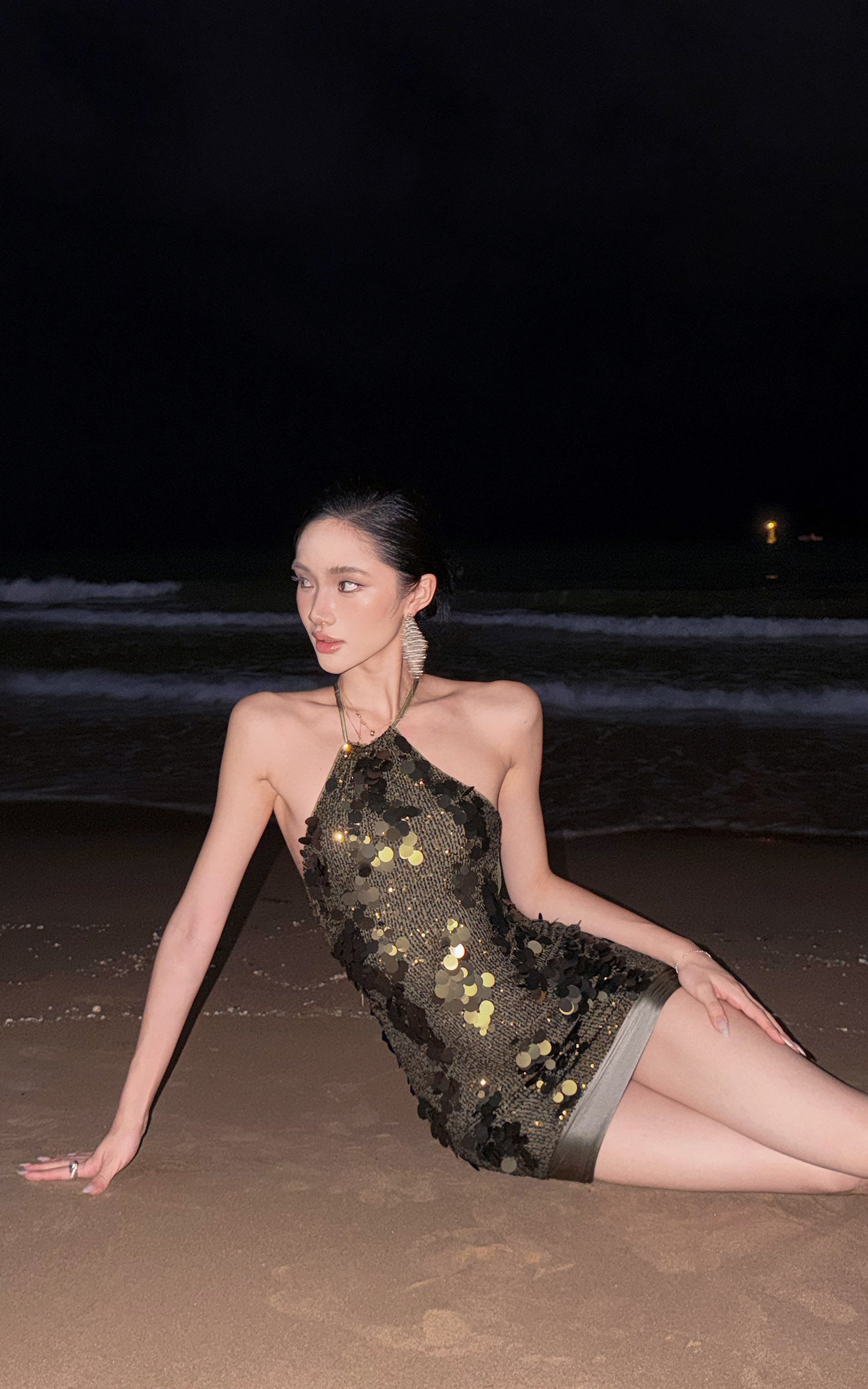 ROVENTE Open-Back Sequin Halter Mini Dress