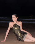 ROVENTE Open-Back Sequin Halter Mini Dress