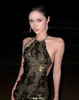 ROVENTE Open-Back Sequin Halter Mini Dress