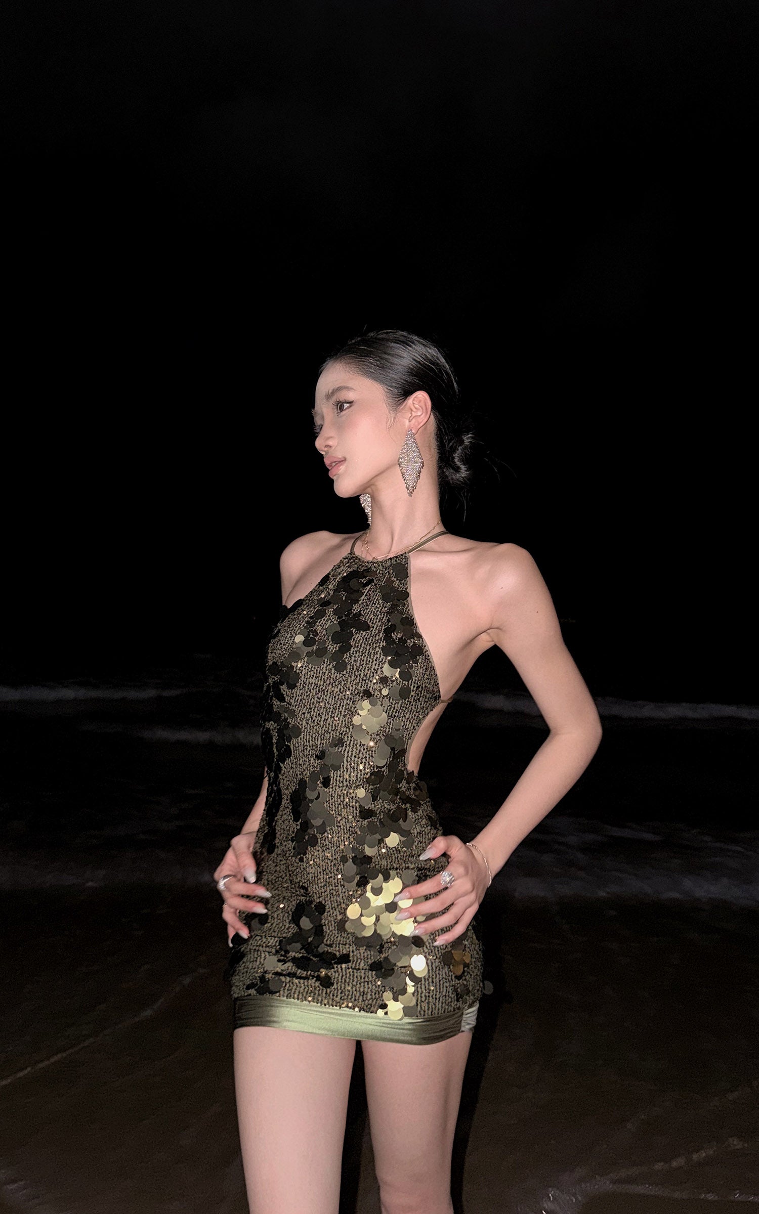 ROVENTE Open-Back Sequin Halter Mini Dress