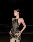 ROVENTE Open-Back Sequin Halter Mini Dress