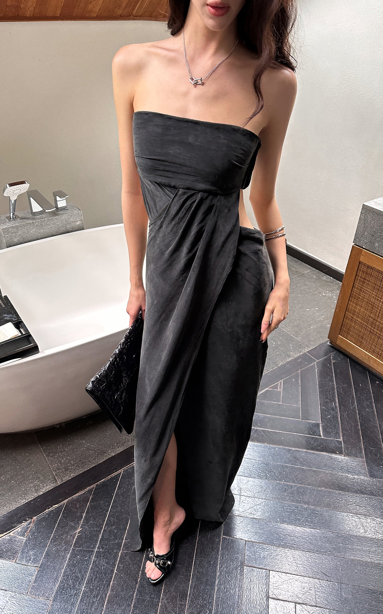 0122stepll Strapless Draped Cut-Out Maxi Dress