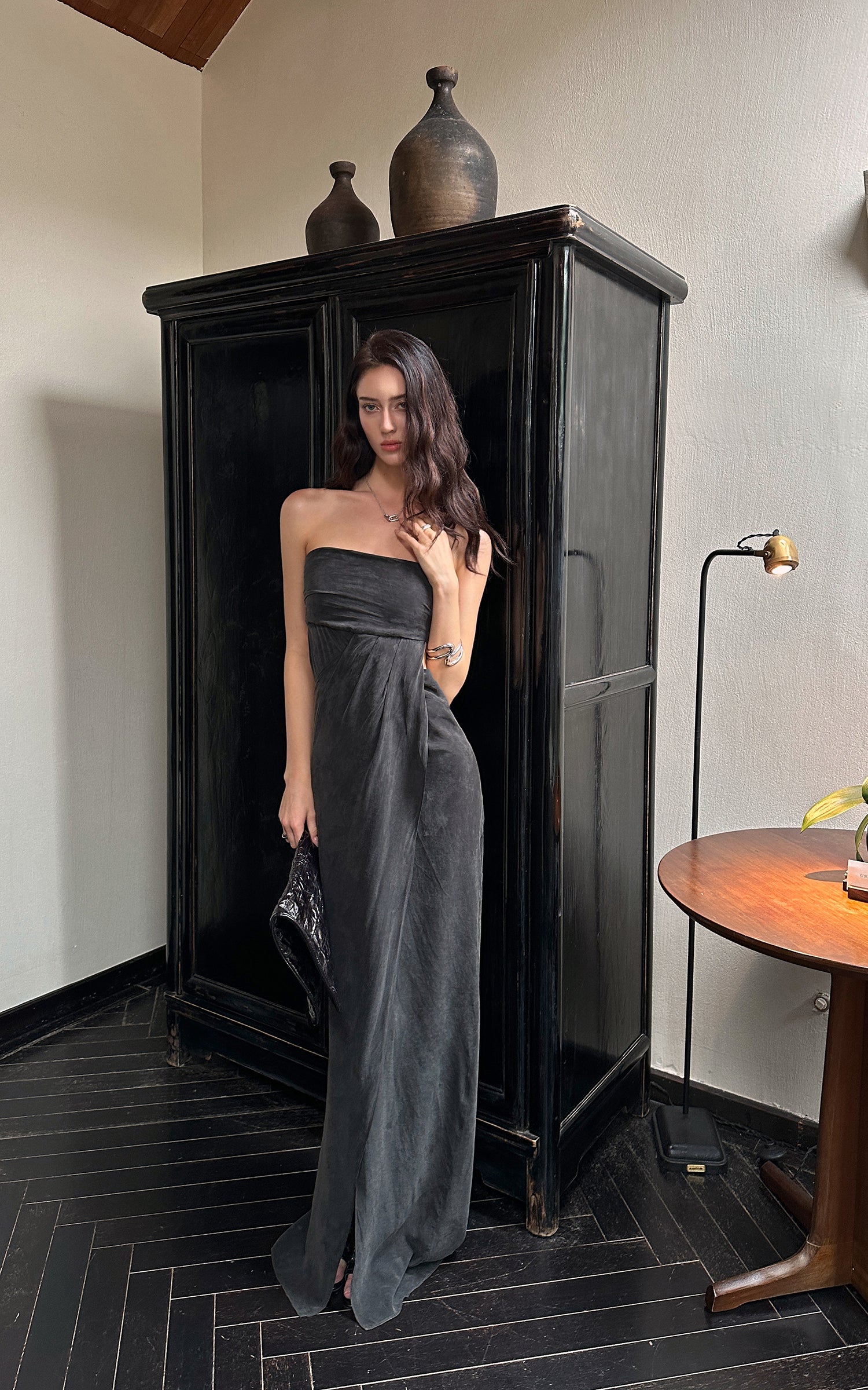 0122stepll Strapless Draped Cut-Out Maxi Dress