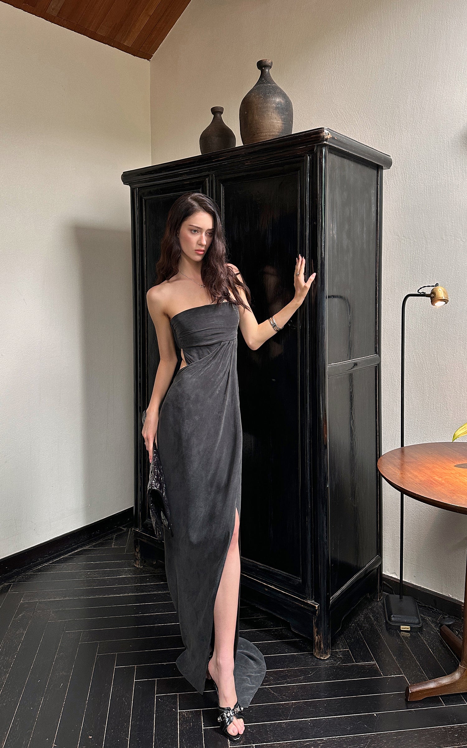 0122stepll Strapless Draped Cut-Out Maxi Dress