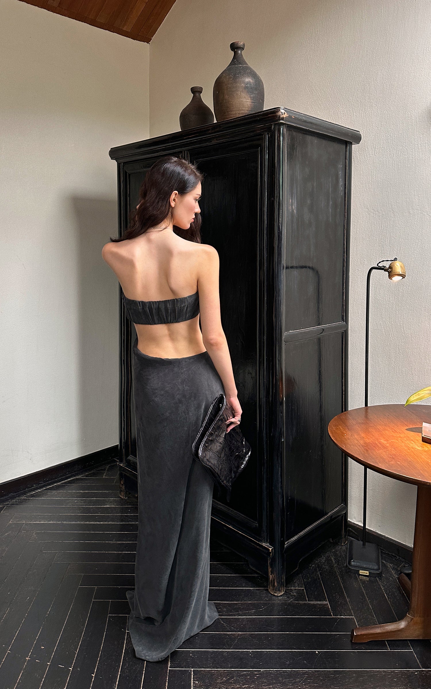 0122stepll Strapless Draped Cut-Out Maxi Dress