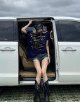 Rase le sol Navy Oversized Graphic T-Shirt with Gold Print