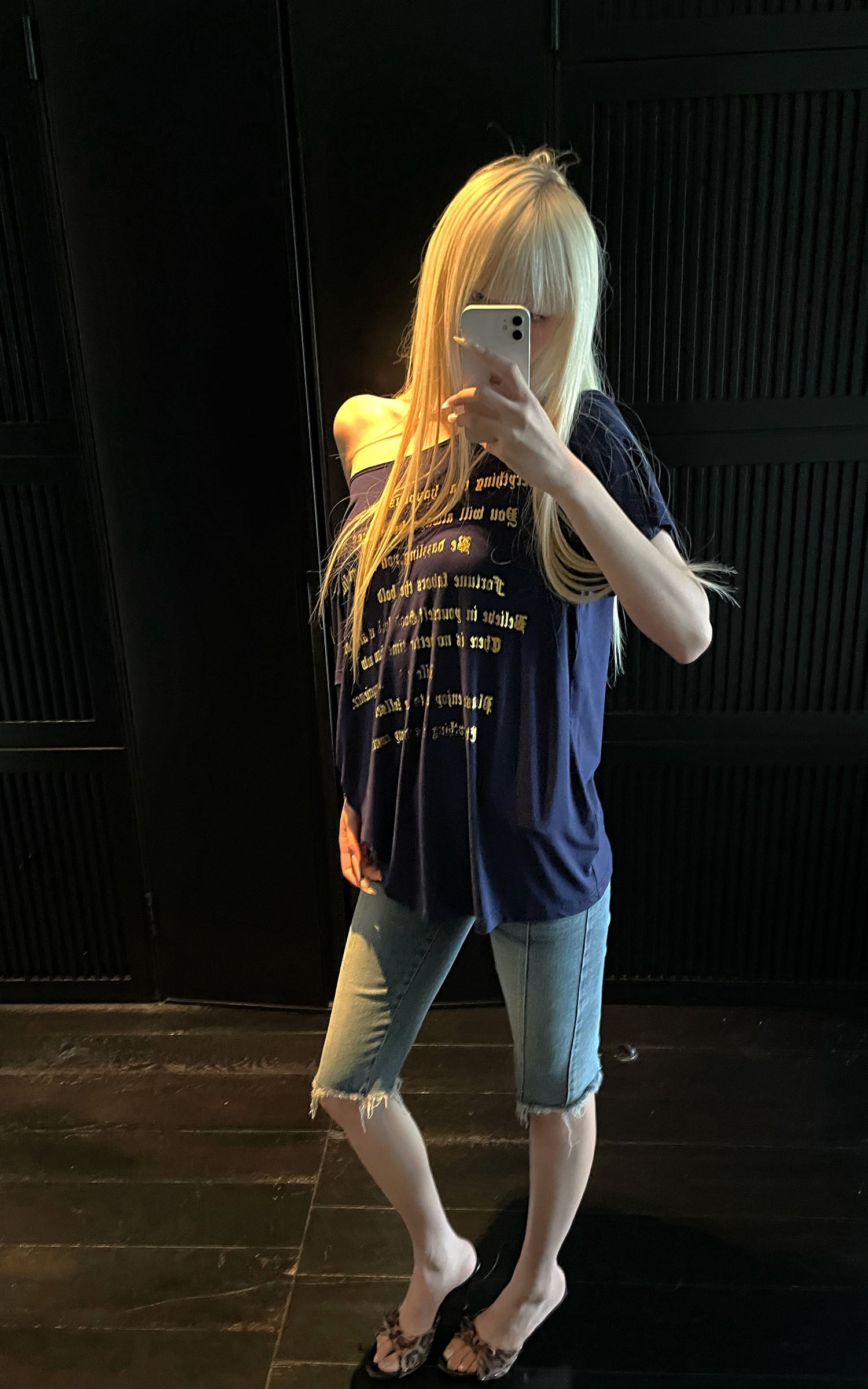 Rase le sol Navy Oversized Graphic T-Shirt with Gold Print