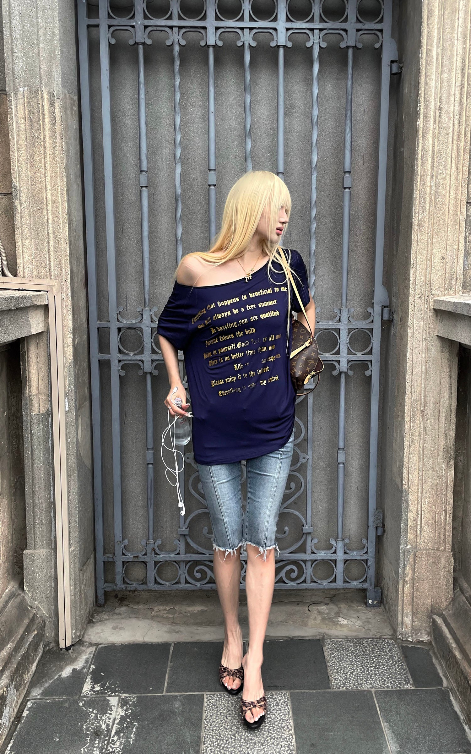 Rase le sol Navy Oversized Graphic T-Shirt with Gold Print