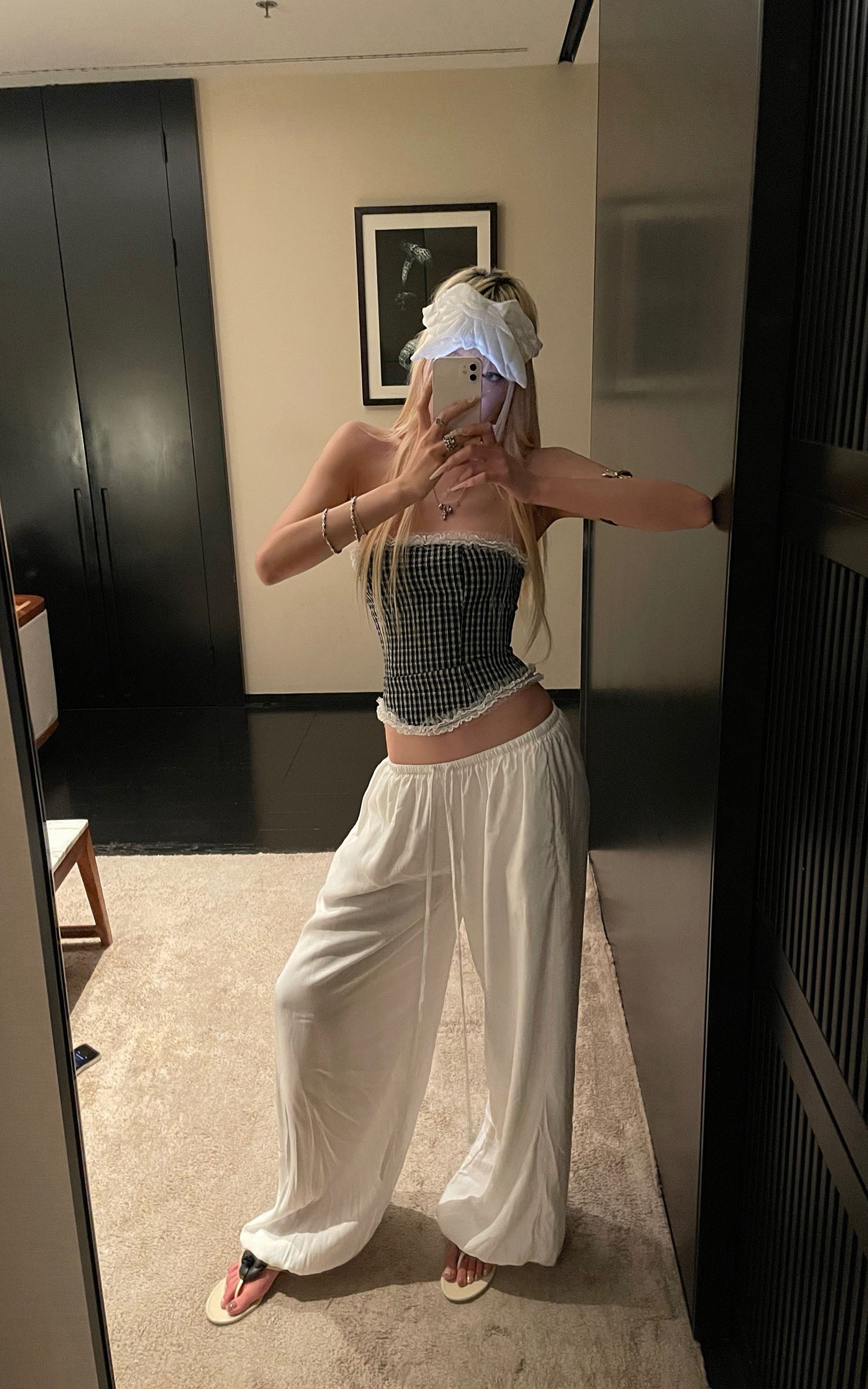 Rase le sol White Draped Wide-Leg Drawstring Pants
