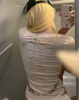 Rase le sol 투어 프린트 비대칭 브이넥 슬림 티셔츠