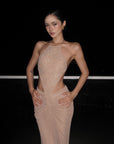 ROVENTE Embellished Lace Open Back Ruched Mesh Maxi Dress