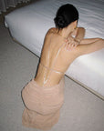 ROVENTE Embellished Lace Open Back Ruched Mesh Maxi Dress
