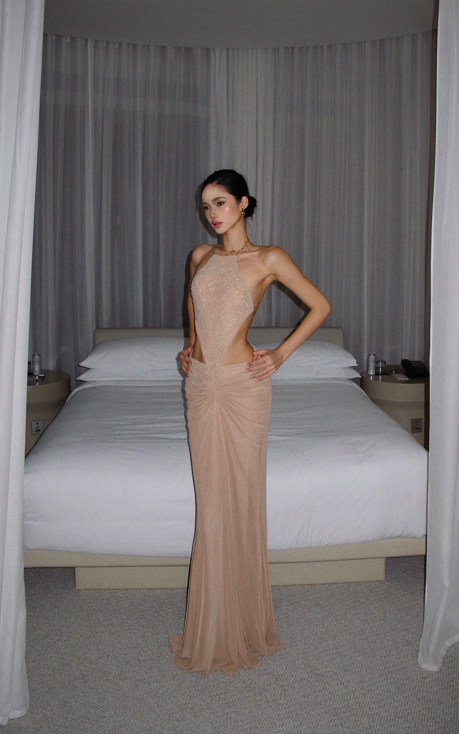 ROVENTE Embellished Lace Open Back Ruched Mesh Maxi Dress