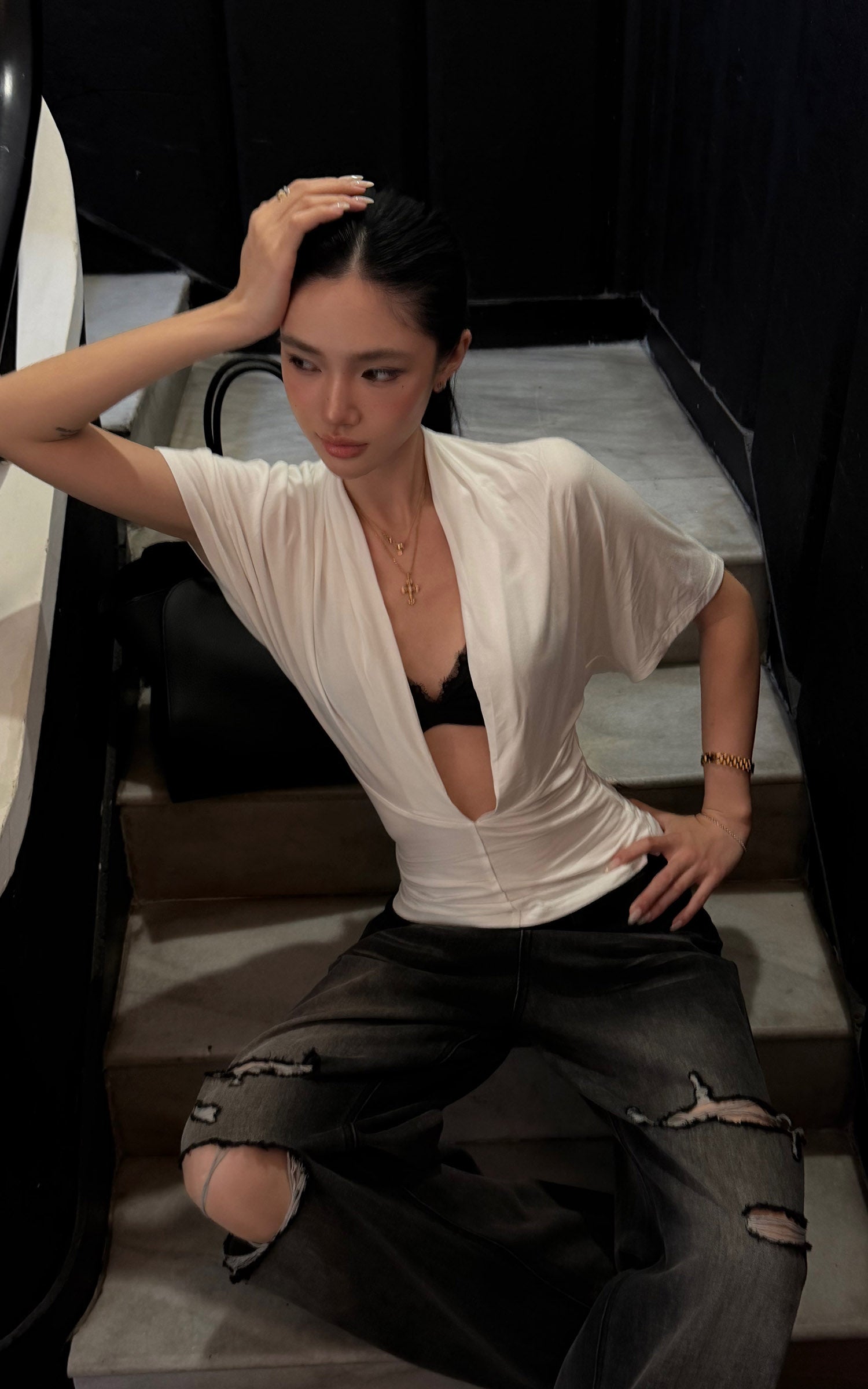 ROVENTE Draped Plunge Two-Piece T-Shirt