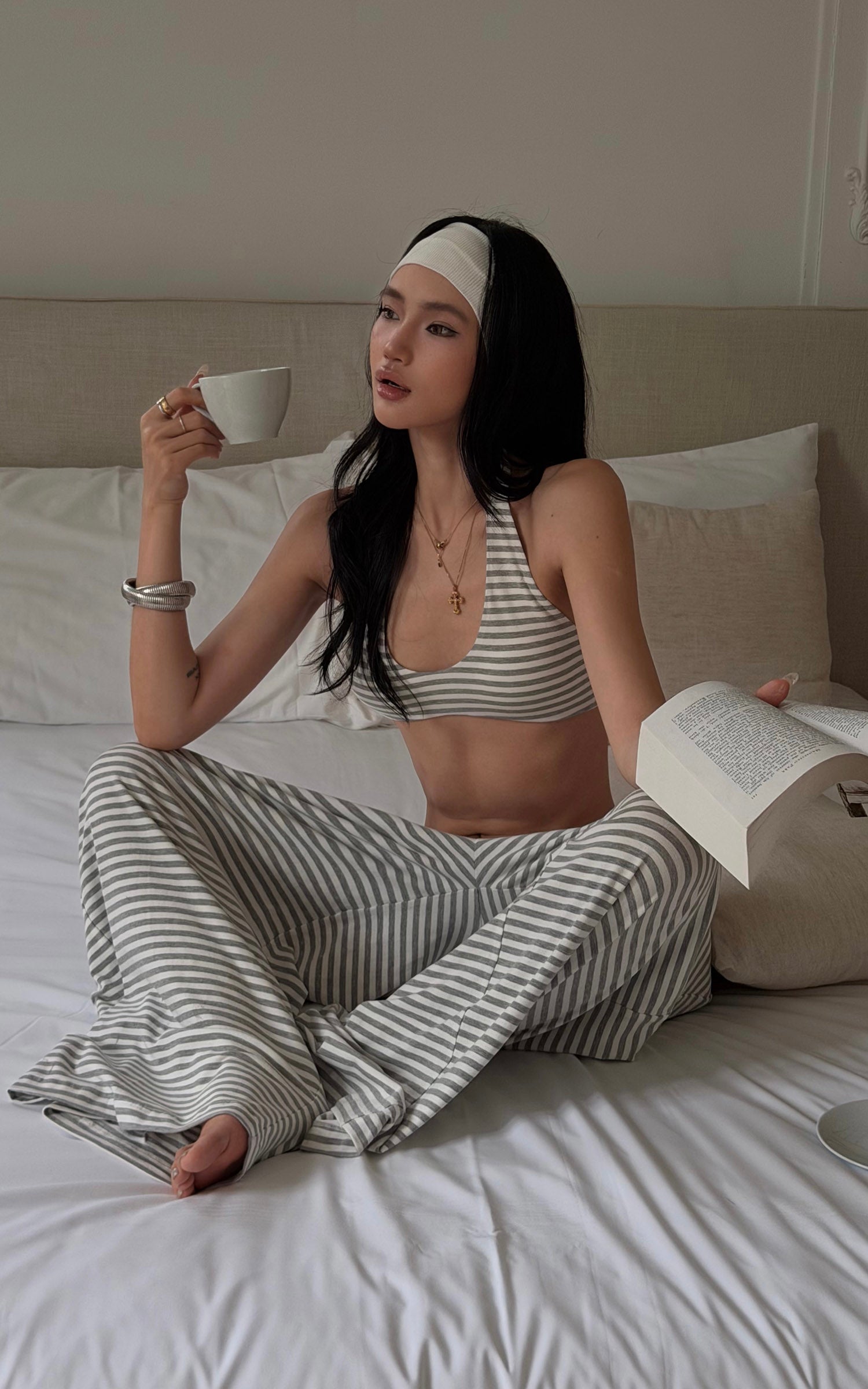 ROVENTE Sheer Drape Off-Shoulder Top &amp; Striped Halter Bra Set