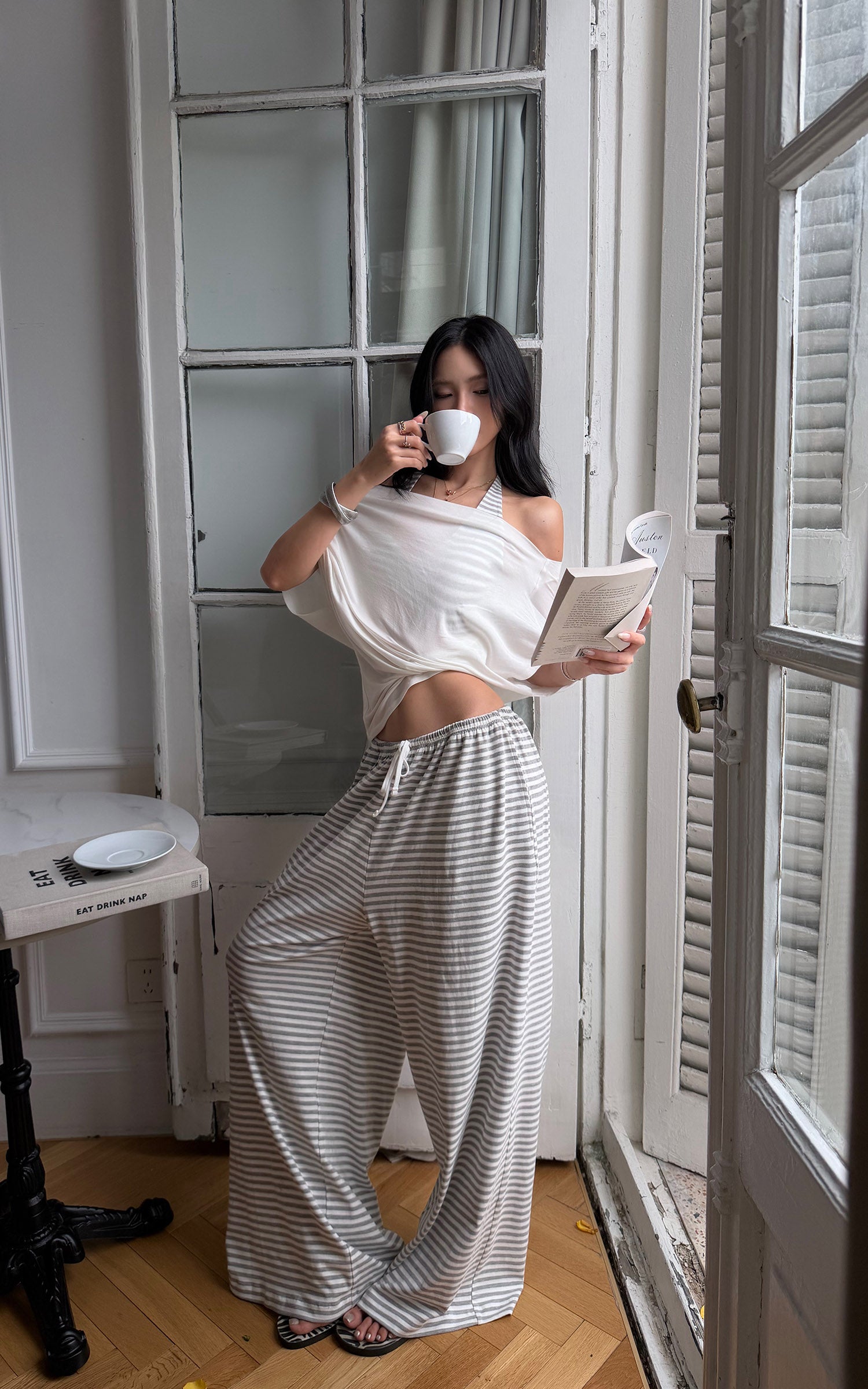 ROVENTE Sheer Drape Off-Shoulder Top &amp; Striped Halter Bra Set