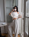 ROVENTE Sheer Drape Off-Shoulder Top & Striped Halter Bra Set