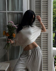 ROVENTE Sheer Drape Off-Shoulder Top & Striped Halter Bra Set