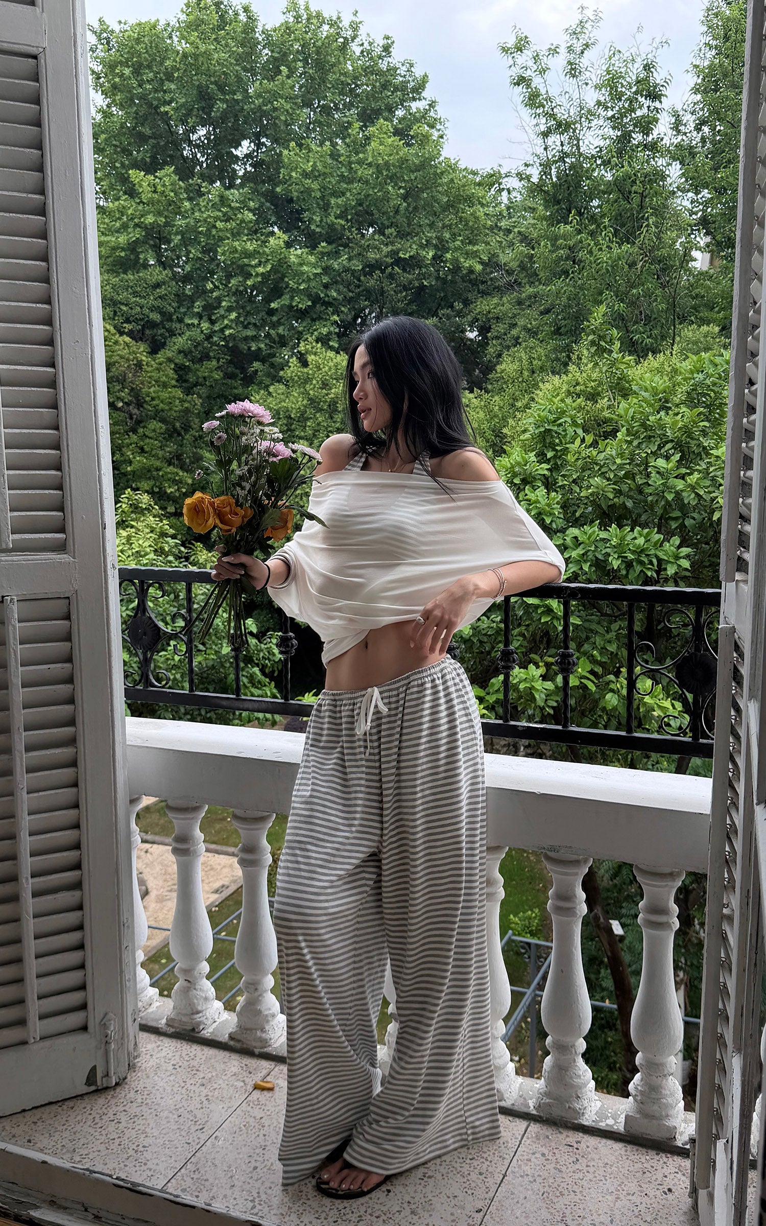ROVENTE Sheer Drape Off-Shoulder Top &amp; Striped Halter Bra Set