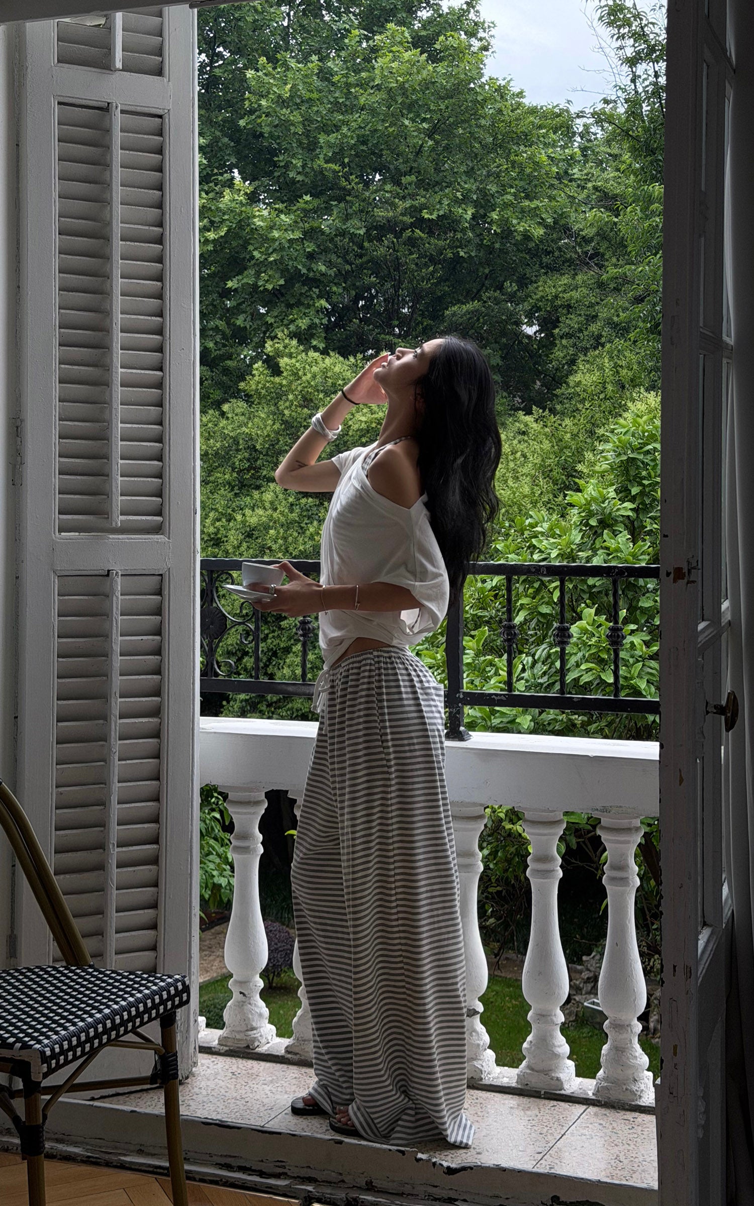 ROVENTE Sheer Drape Off-Shoulder Top &amp; Striped Halter Bra Set