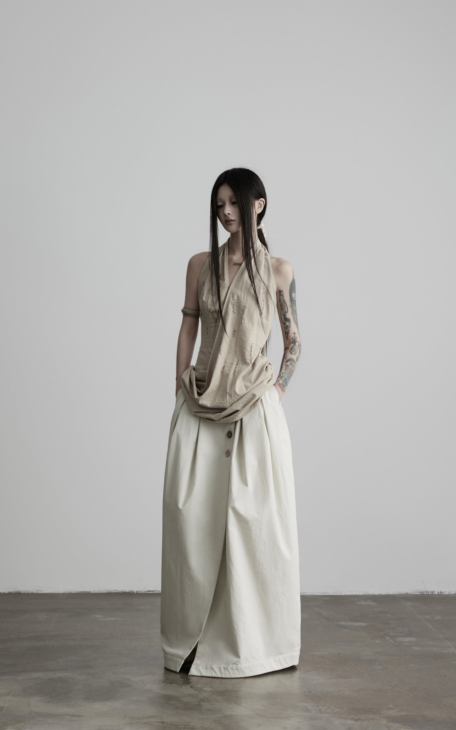 DOINDULGE High Waist Pleated Wrap Maxi Skirt