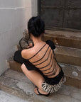 ROVENTE Beaded Open Back Draped Top