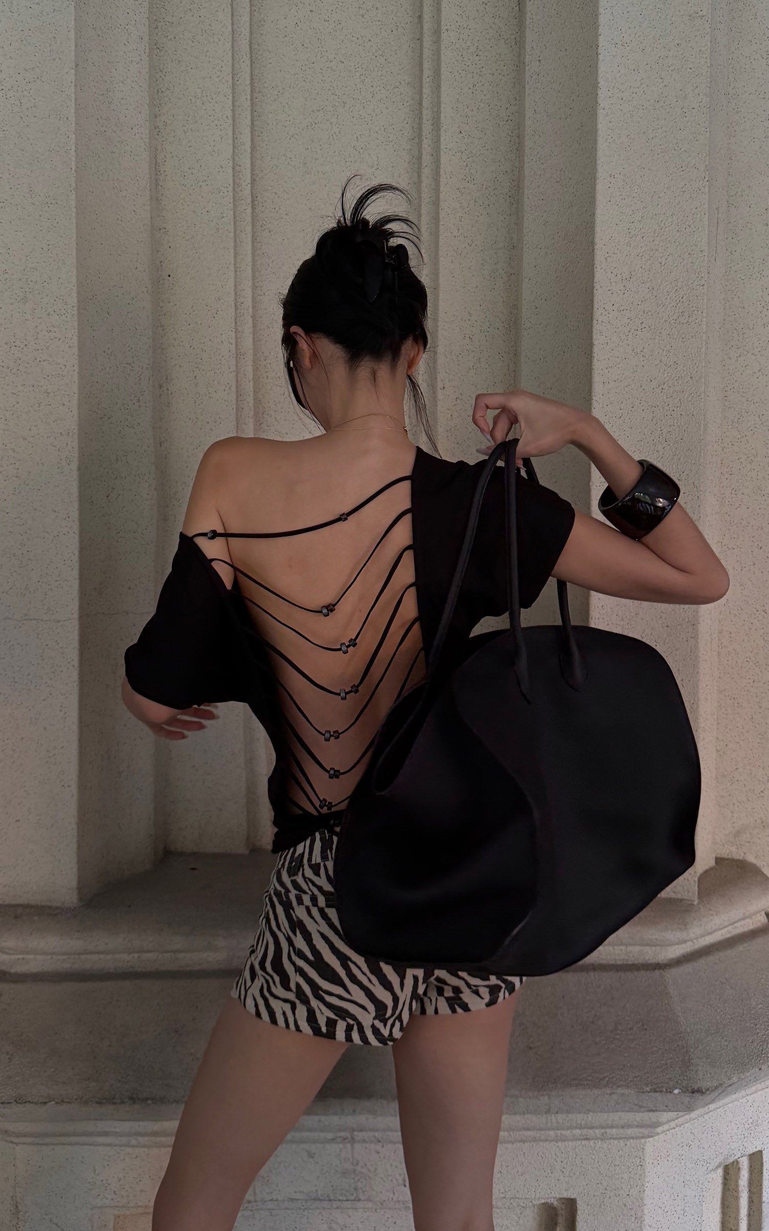 ROVENTE Beaded Open Back Draped Top