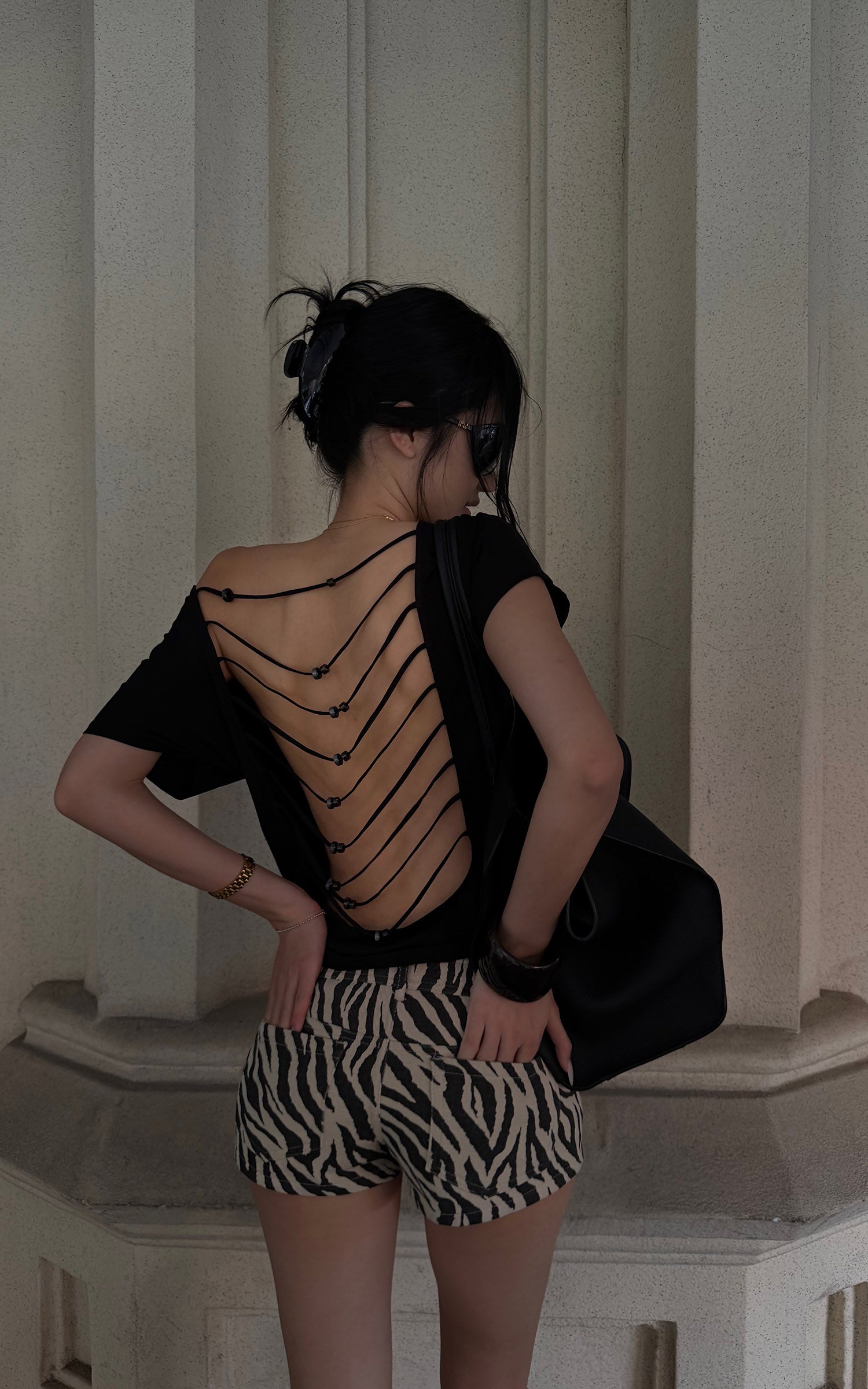 ROVENTE Beaded Open Back Draped Top