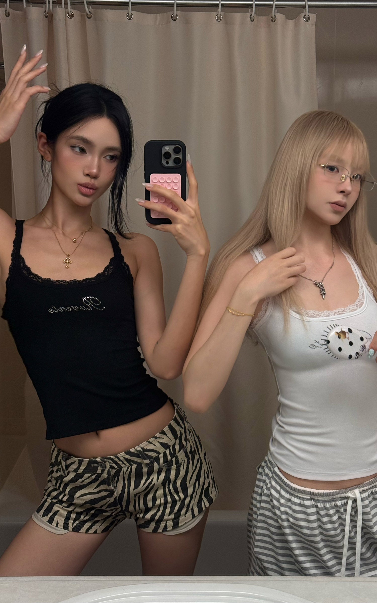 ROVENTE Rhinestone Logo Lace Trim Tank Top