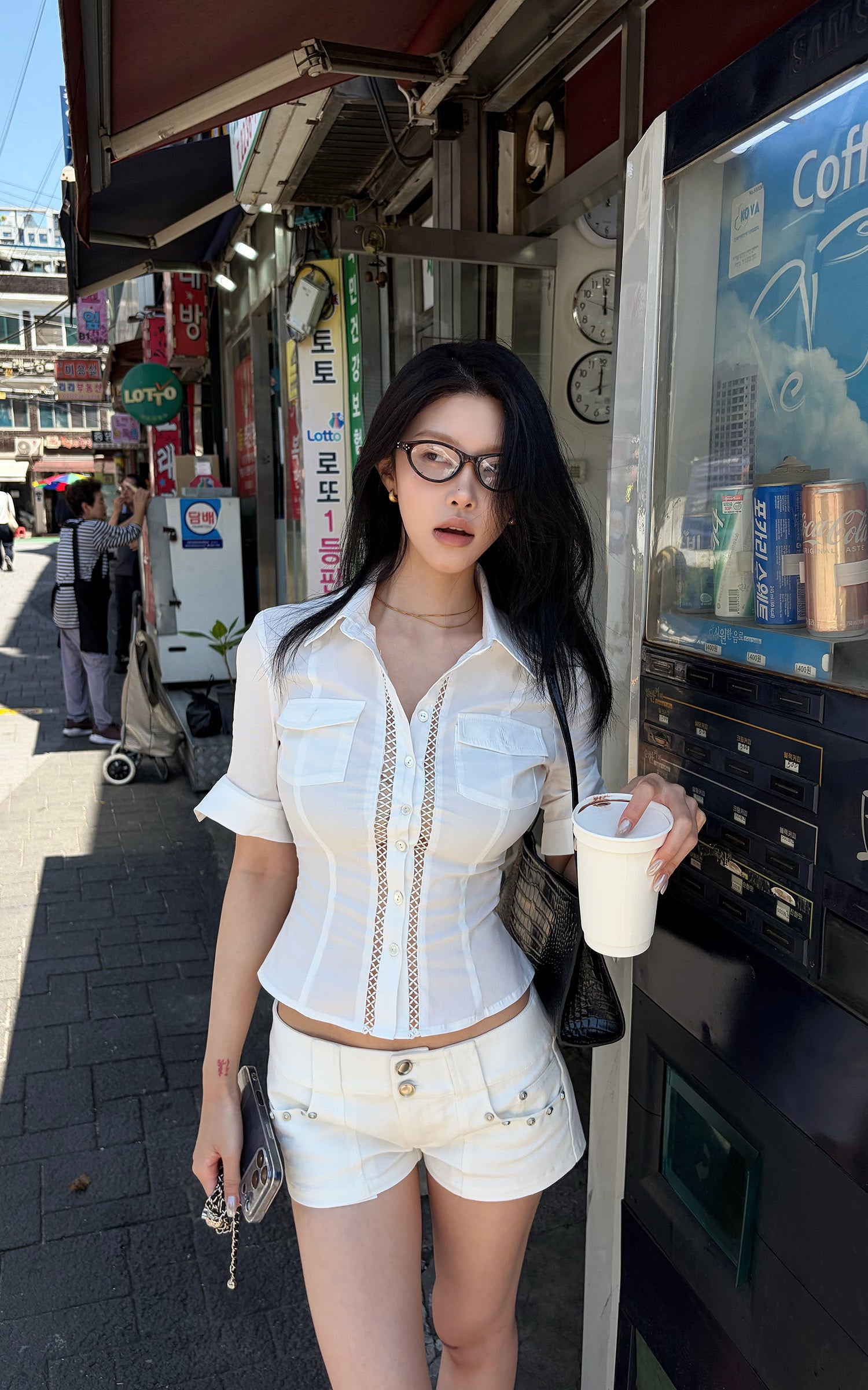 Hydrae 레이스 트림 조각 숏 슬리브 셔츠
