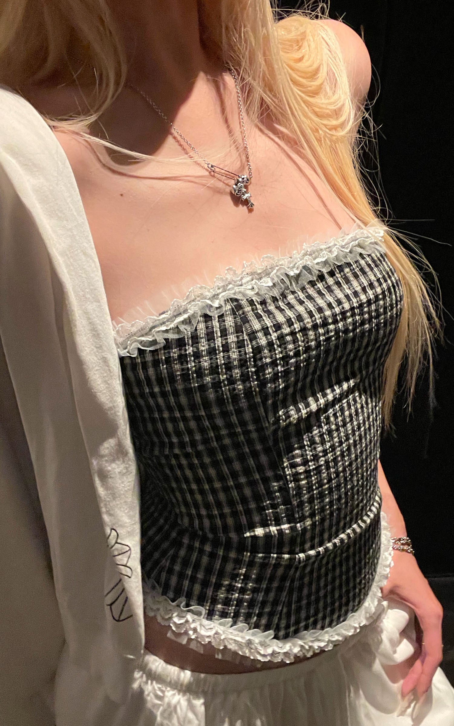 Rase le sol Black &amp; White Gingham Structured Strapless Corset Top