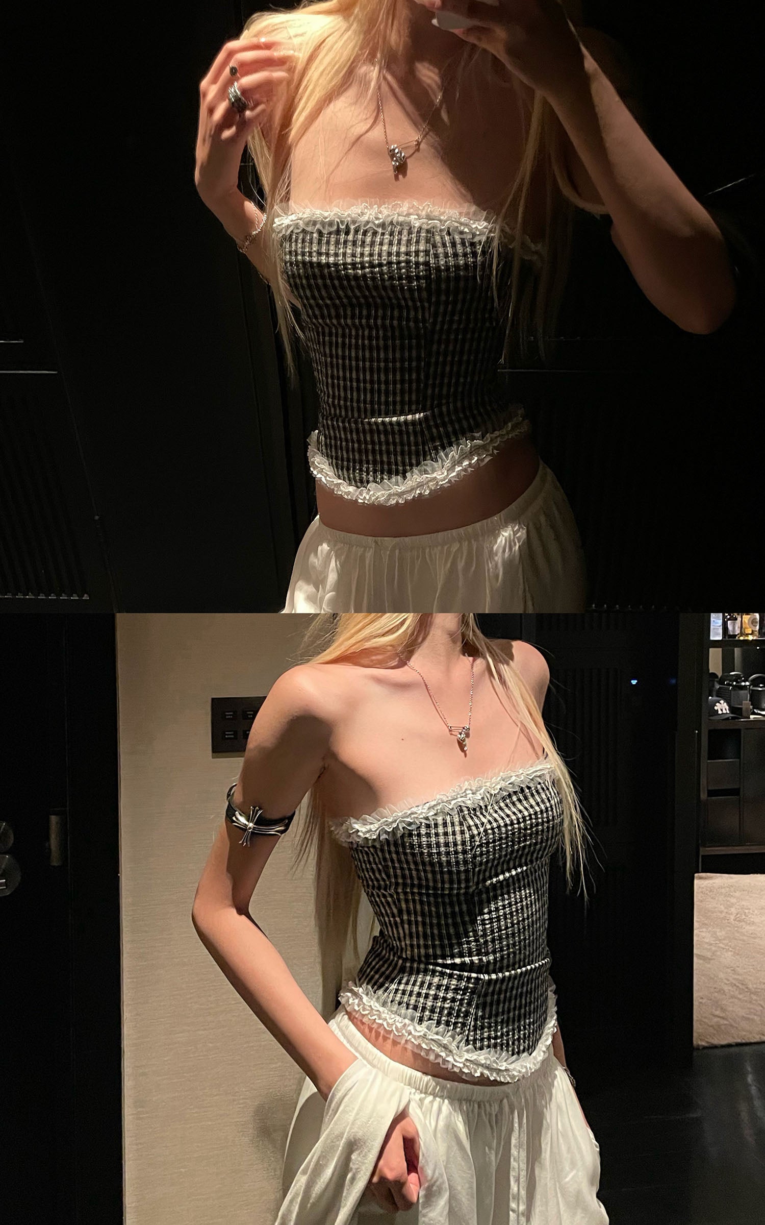 Rase le sol Black &amp; White Gingham Structured Strapless Corset Top